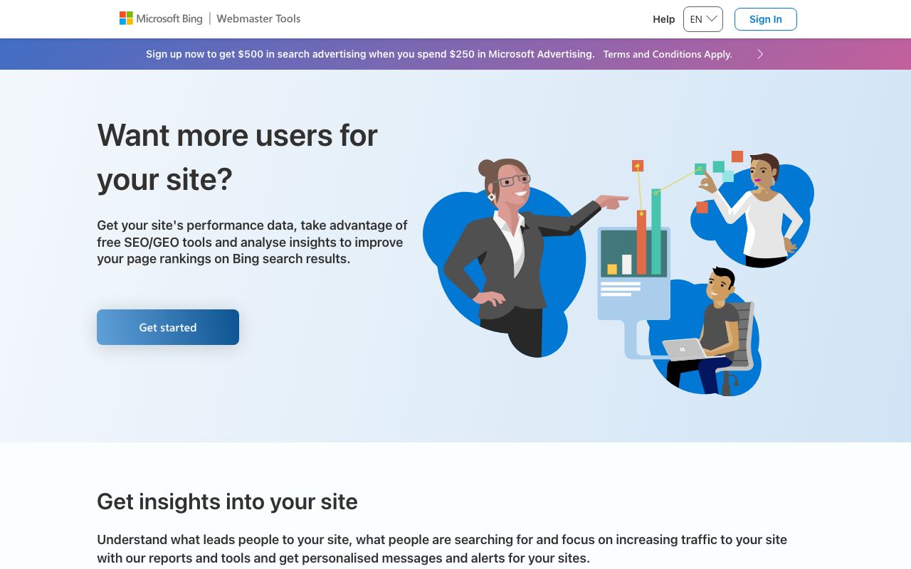 Bing Webmaster Tools 공식 사이트 화면
